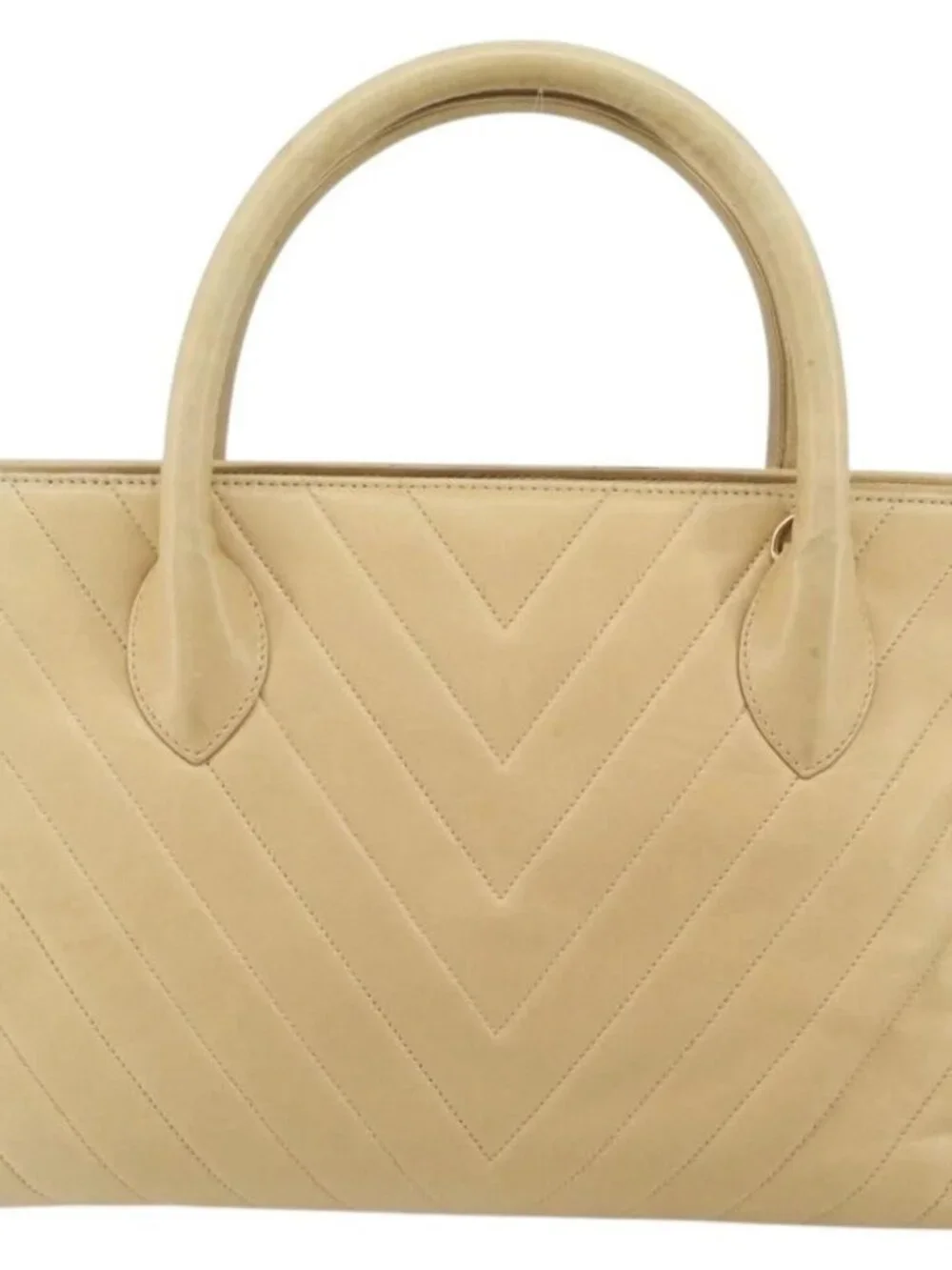 CHANEL V Stitch Hand Bag Leather Beige Gold CC Auth BA9348